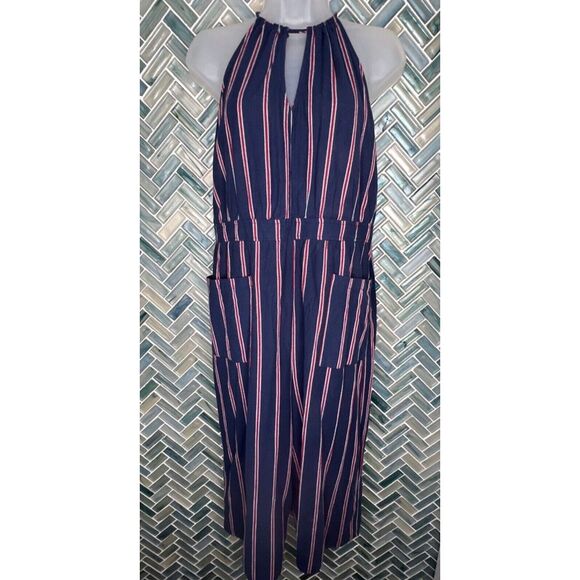 UNIVERSAL THREAD RED WHITE BLUE STRIPE COTTON WIDE LEG CROPPED JUMPSUIT HALTER L - Picture 1 of 10